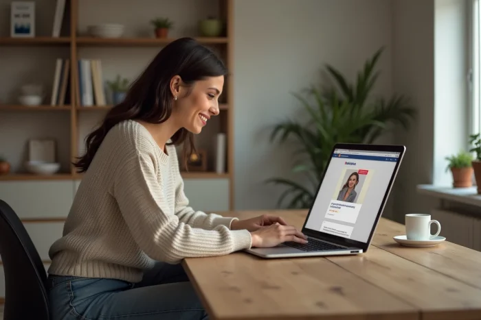 Femme assise à son bureau à domicile utilisant un ordinateur Wannonce