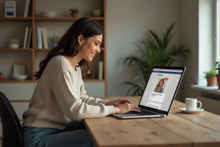 Femme assise à son bureau à domicile utilisant un ordinateur Wannonce