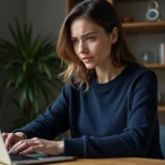 Femme concentrée sur son ordinateur portable à la maison