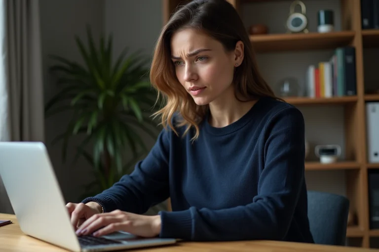 Femme concentrée sur son ordinateur portable à la maison