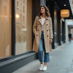 Femme en trench beige dans une rue urbaine calme