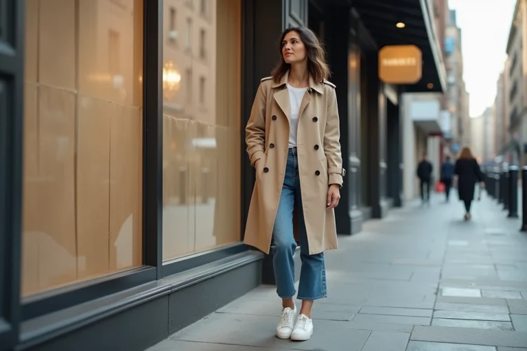 Femme en trench beige dans une rue urbaine calme