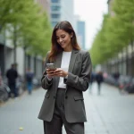 Femme urbaine en blazer et sneakers regardant son smartphone