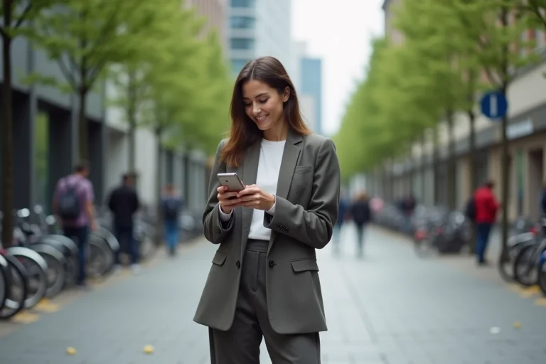 Femme urbaine en blazer et sneakers regardant son smartphone