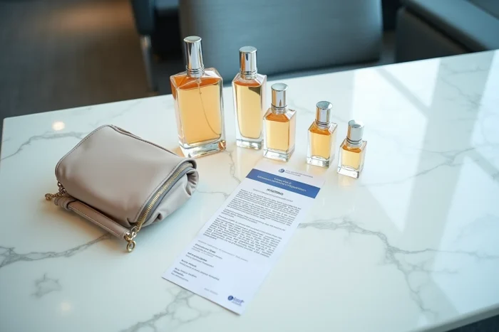 Vue en plat posé de flacons de parfum, d'une trousse de voyage transparente et d'une carte d'embarquement sur un comptoir en marbre blanc symbolisant la réglementation douanière en Europe