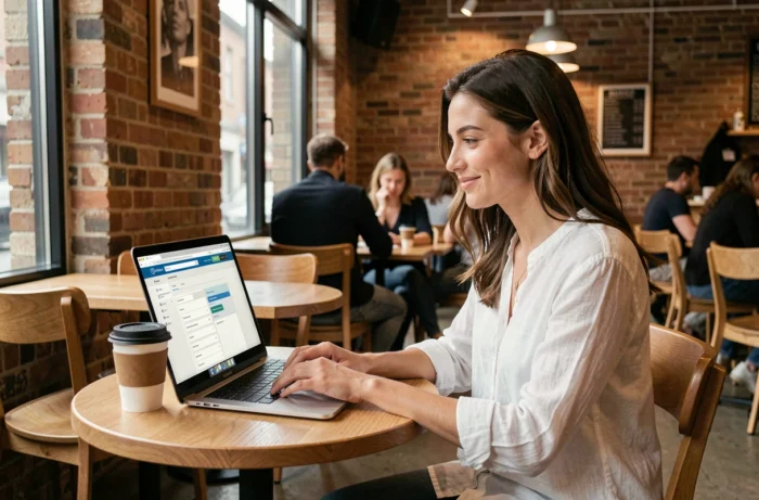 Jeune femme gérant son forfait La Poste Mobile en ligne depuis un café urbain avec un ordinateur portable