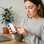 Femme gérant son compte La Poste Mobile sur smartphone depuis son bureau à domicile