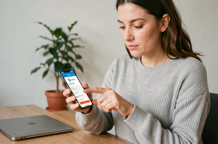 Femme gérant son compte La Poste Mobile sur smartphone depuis son bureau à domicile