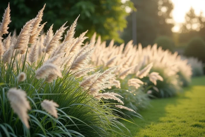 Bordure de graminées ornementales comme le Miscanthus et le Stipa en remplacement du gazon classique dans un jardin contemporain