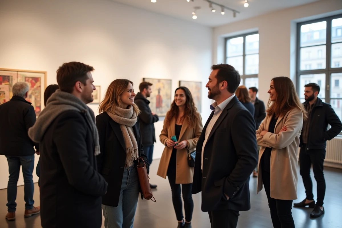 Groupe de personnes discutant dans une galerie d