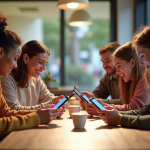 Groupe de jeunes adultes utilisant des smartphones dans un café lumineux