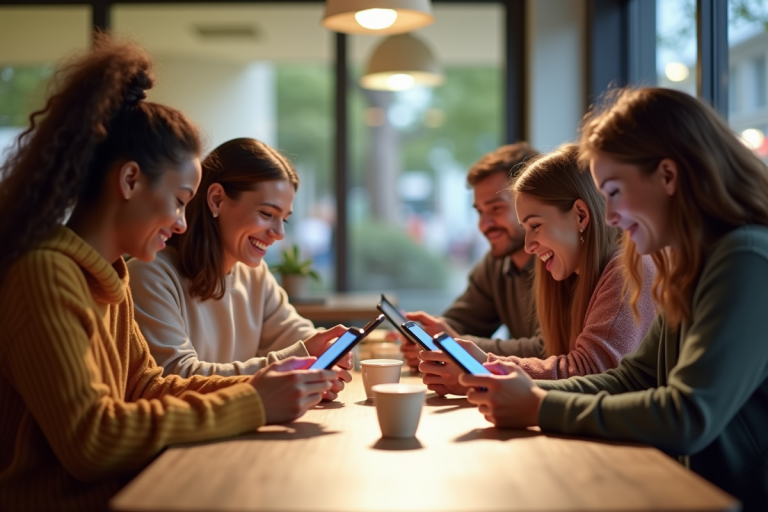 Groupe de jeunes adultes utilisant des smartphones dans un café lumineux