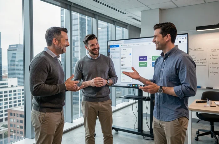 Groupe de professionnels discutant devant un écran affichant une plateforme de formation en ligne dans un bureau moderne
