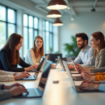 Groupe diversifié travaillant sur des appareils numériques en bureau lumineux