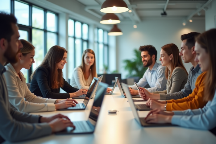 Groupe diversifié travaillant sur des appareils numériques en bureau lumineux