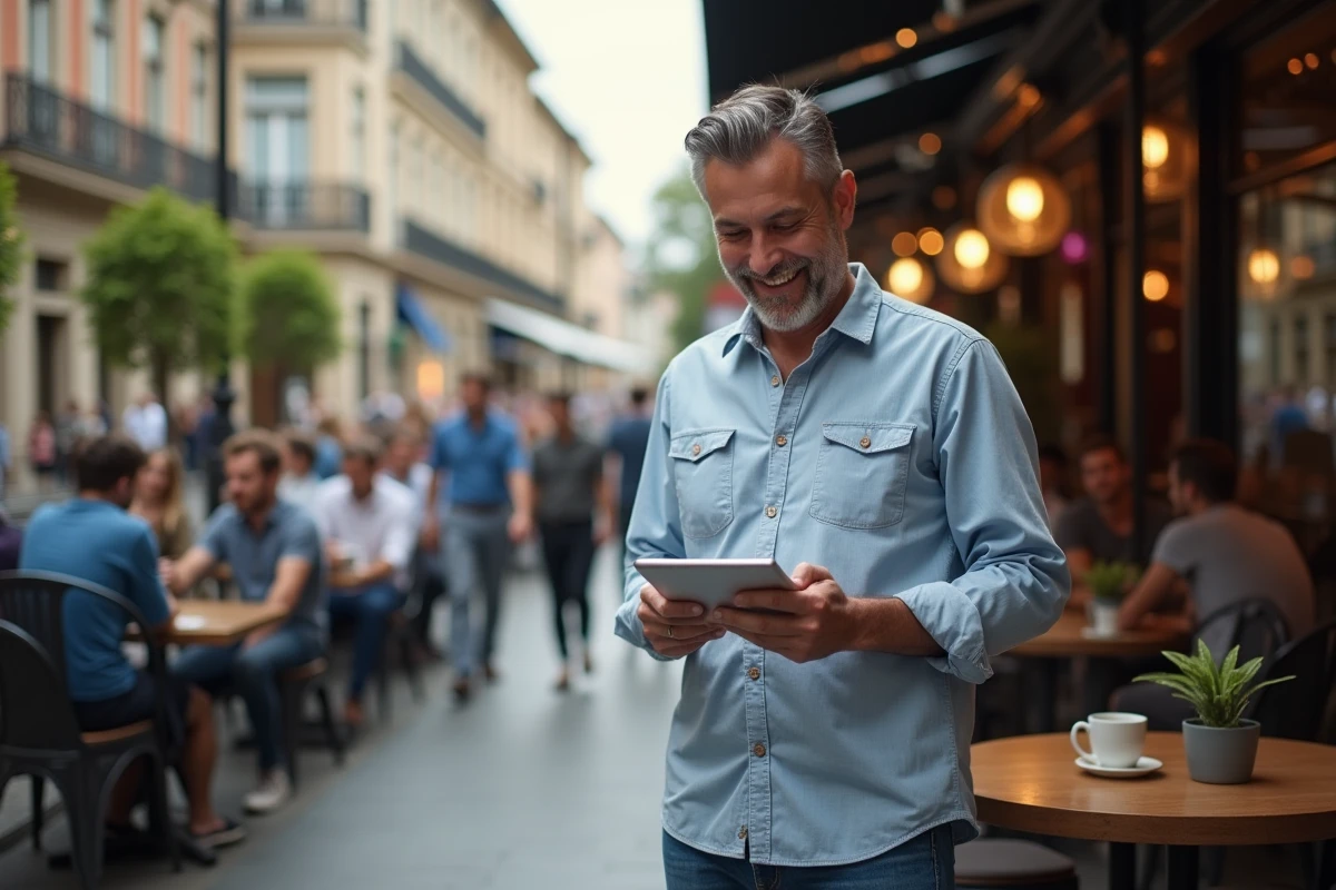 Homme souriant utilisant une tablette dans un café urbain