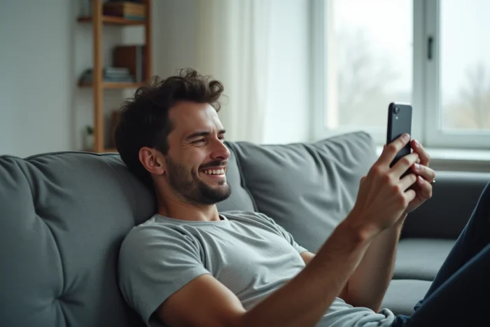 Homme allongé sur un canapé regardant son téléphone avec un sourire nostalgique evoquant la pensée romantique