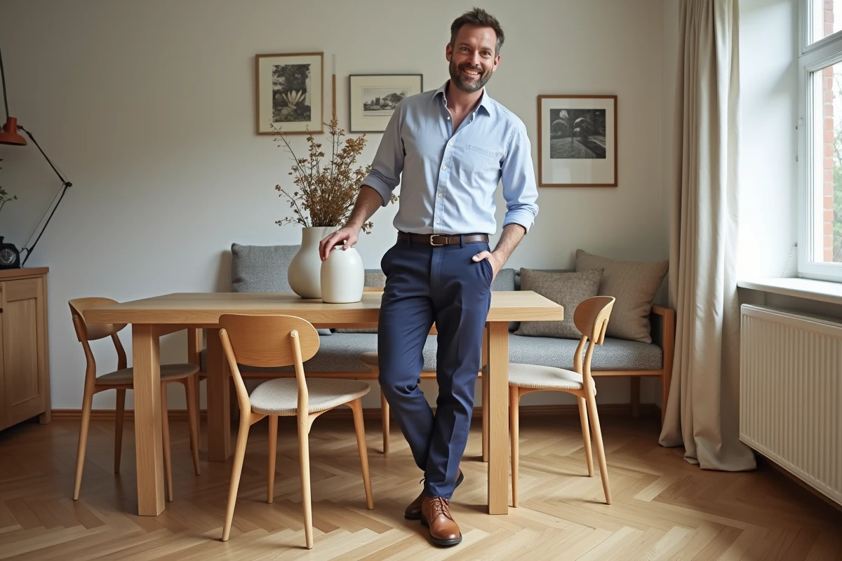 Homme arrangeant un vase sur une table en parquet moderne