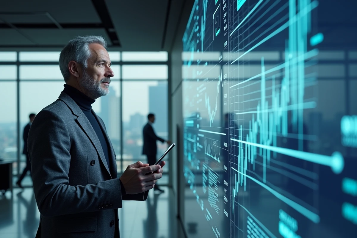 Homme en costume regardant un écran de données numériques