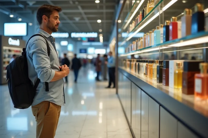 Homme examinant des flacons de parfum dans une boutique duty-free d'un aéroport en Espagne avant son retour en France