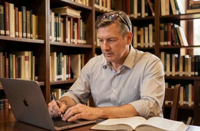 Homme d'affaires en chemise grise étudiant sur un ordinateur portable dans une bibliothèque professionnelle entourée de livres
