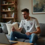 Jeune homme regardant un match de football sur son laptop