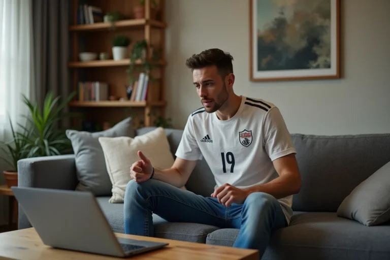 Jeune homme regardant un match de football sur son laptop