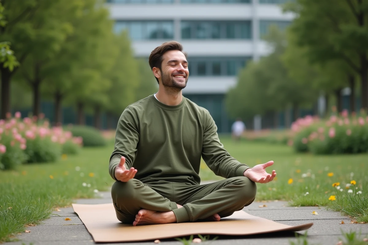 Jeune homme méditant dans un parc urbain