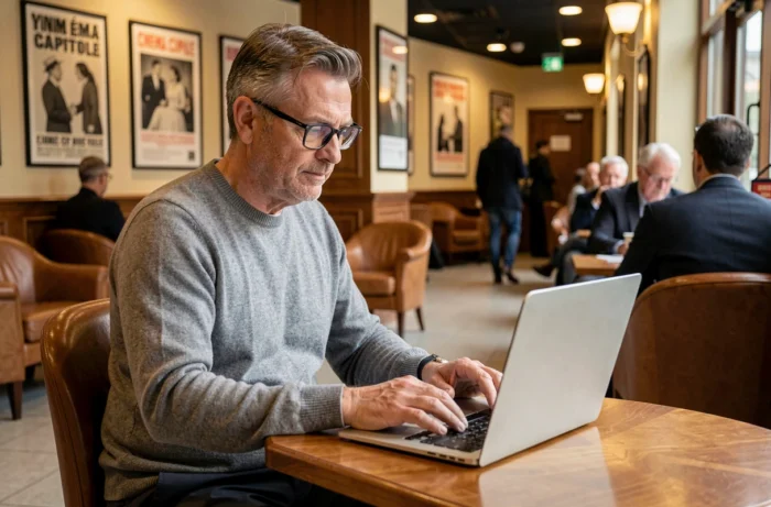 Homme naviguant sur le plan du site Cinéma Capitole depuis un ordinateur portable dans le salon d'un cinéma