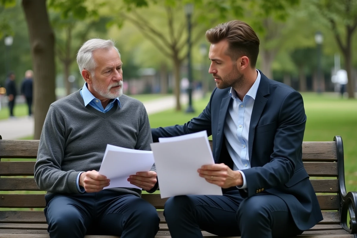 Homme d age discutant avec un conseiller financier dans un parc