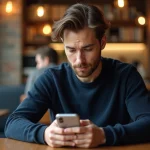 Homme pensif dans un café tapant un message 'je pense à toi' sur son smartphone