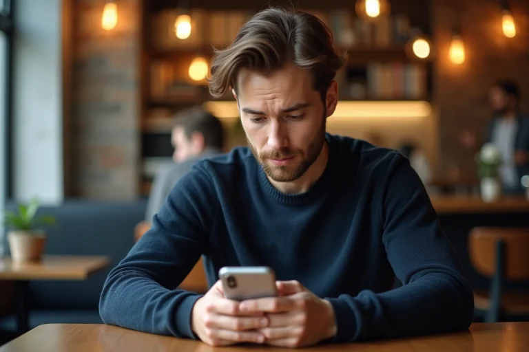 Homme pensif dans un café tapant un message 'je pense à toi' sur son smartphone