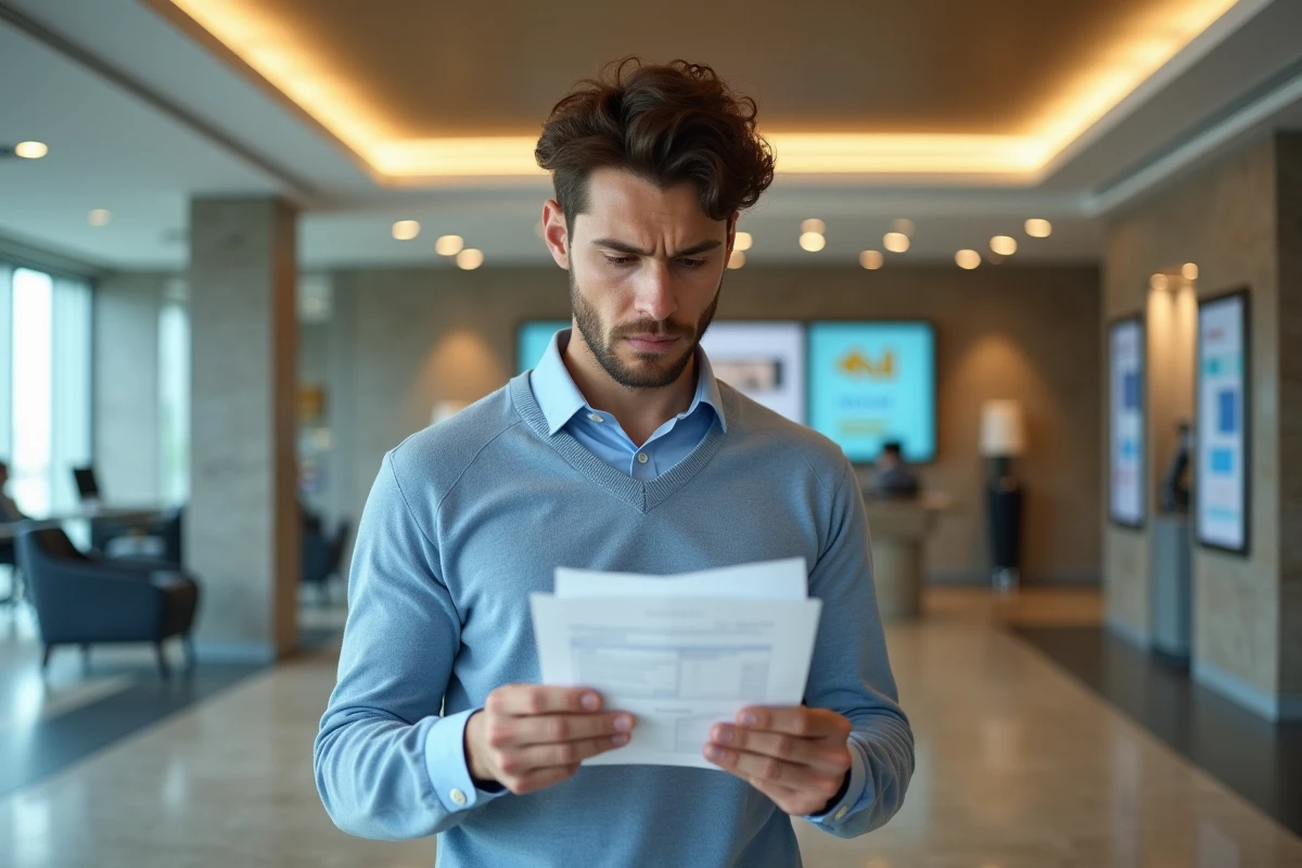 Jeune homme contrôlant un relevé bancaire en agence