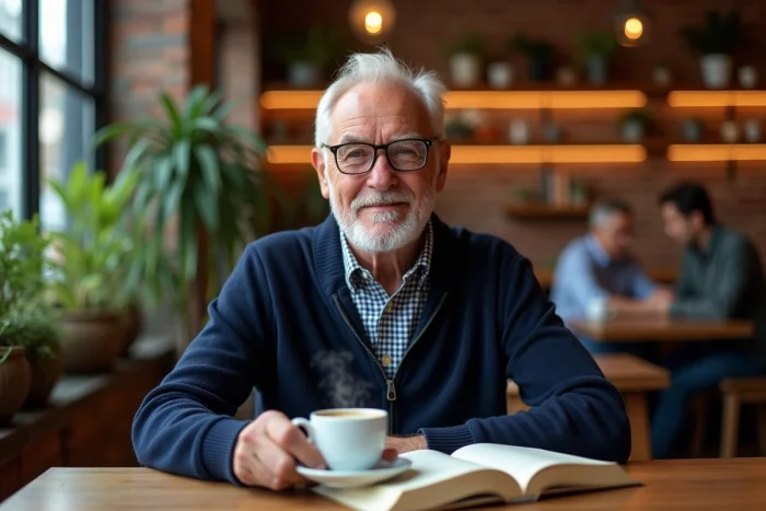 Homme senior détendu lisant un livre dans un café cosy, illustration d'un mode de vie épanoui à la retraite