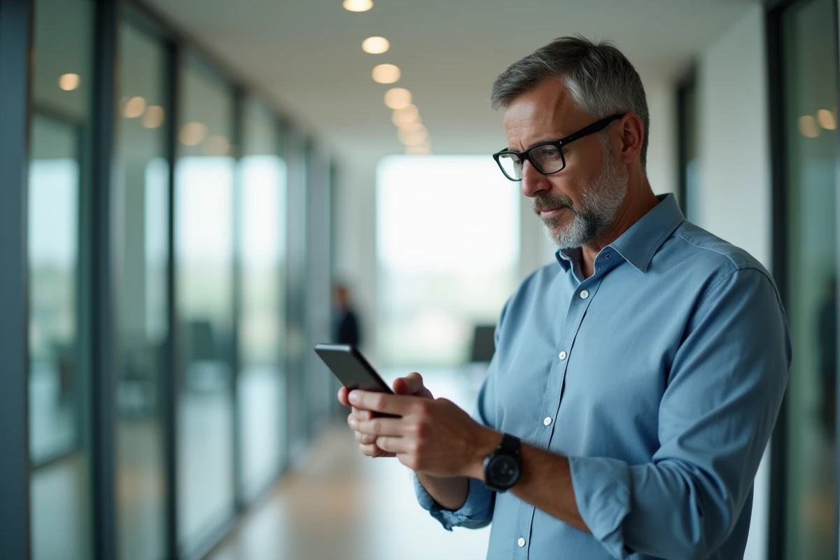 Homme concentré utilisant son smartphone avec page Wannonce visible