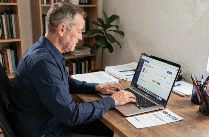 Homme consultant le suivi de colis GLS sur son ordinateur portable après un retard de livraison