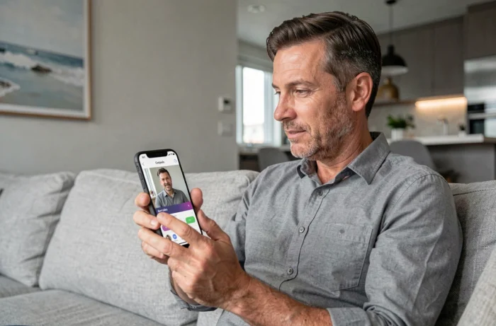 Homme utilisant une application de téléconsultation médicale sur smartphone dans son salon, service numérique mutuelle santé