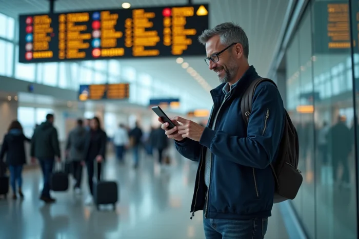 Homme utilisant une application de traduction dans un aéroport international devant un panneau multilingue