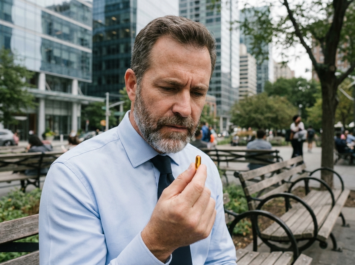 Homme d age moyen examinant une capsule de supplement en plein air