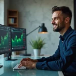Investisseur analysant des graphiques blockchain Robthecoins sur plusieurs écrans dans un bureau moderne en 2026