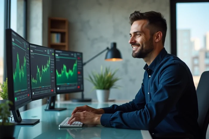 Investisseur analysant des graphiques blockchain Robthecoins sur plusieurs écrans dans un bureau moderne en 2026