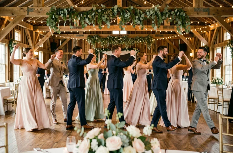 Invités de mariage dansant le Madison en groupe dans une grange décorée de guirlandes et de verdure