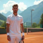 Joueur de tennis professionnel sur un court en terre battue avec les montagnes des Dolomites en arrière-plan, évoquant les racines italiennes de Jannik Sinner