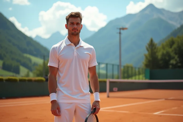 Joueur de tennis professionnel sur un court en terre battue avec les montagnes des Dolomites en arrière-plan, évoquant les racines italiennes de Jannik Sinner
