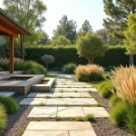 Vue d'ensemble d'un jardin aménagé avec terrasse en bois, allées en pierre, graminées ornementales et plantations méditerranéennes luxuriantes