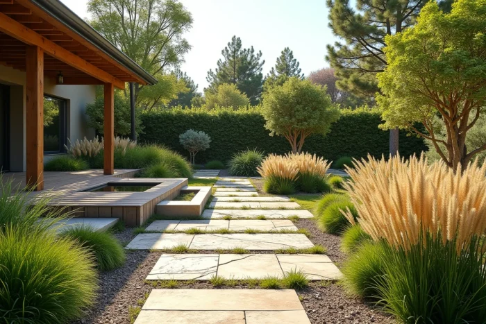 Vue d'ensemble d'un jardin aménagé avec terrasse en bois, allées en pierre, graminées ornementales et plantations méditerranéennes luxuriantes