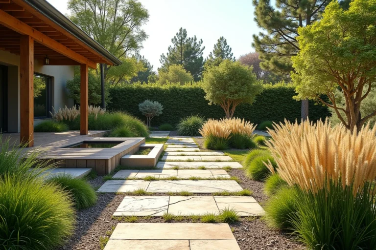 Vue d'ensemble d'un jardin aménagé avec terrasse en bois, allées en pierre, graminées ornementales et plantations méditerranéennes luxuriantes