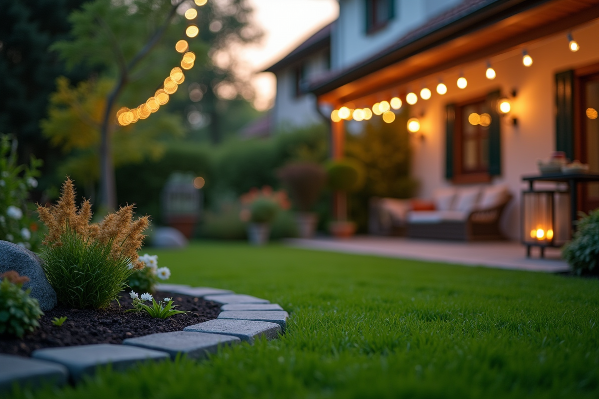 Jardin familial avec pelouse et coin cosy au crépuscule