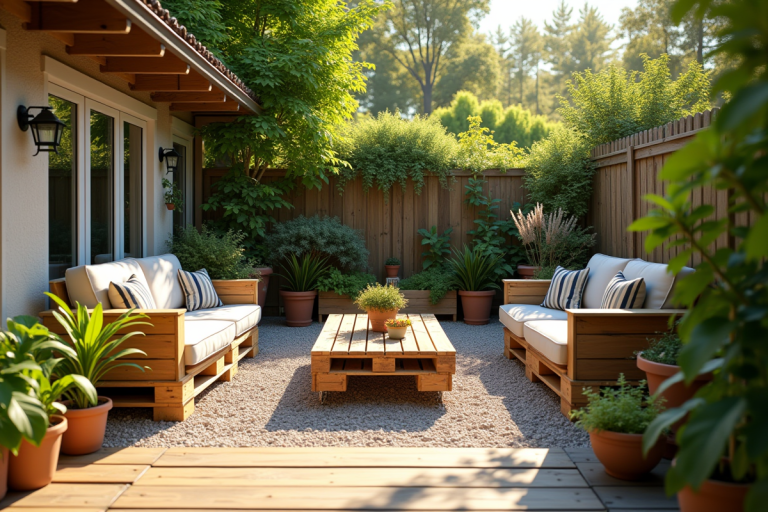 Petit jardin renové avec mobilier en palettes et plantes