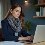 Jeune femme bretonne au bureau avec ordinateur et art local